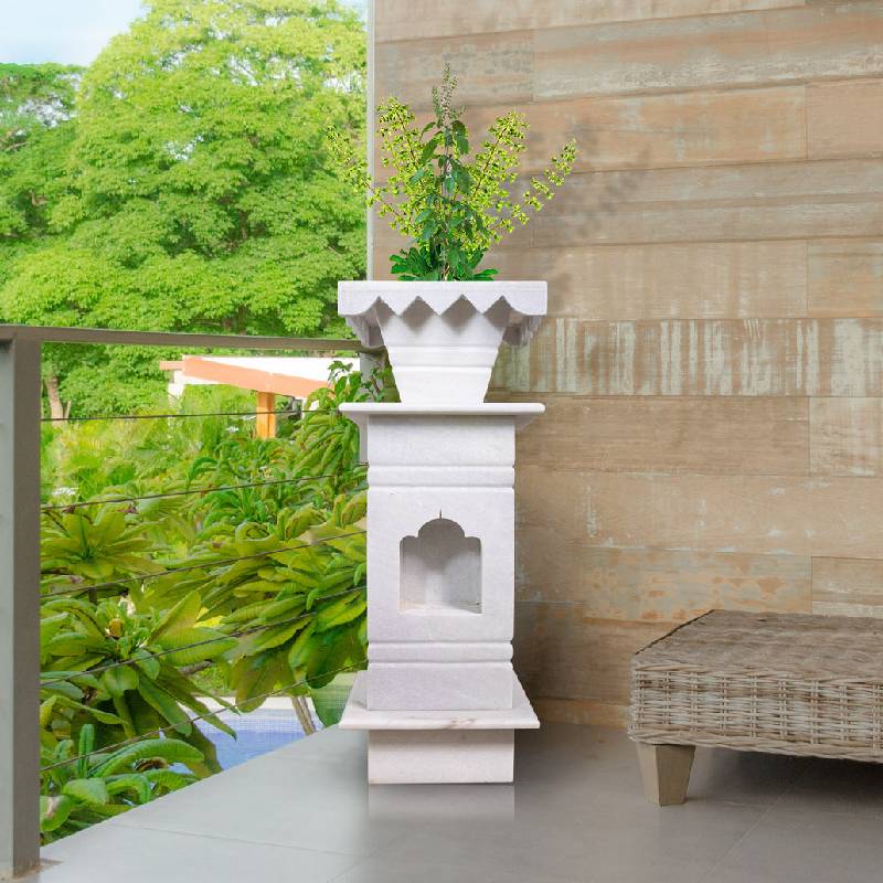Elegant White Marble Tulsi Pot – Polished Finish - View 1
