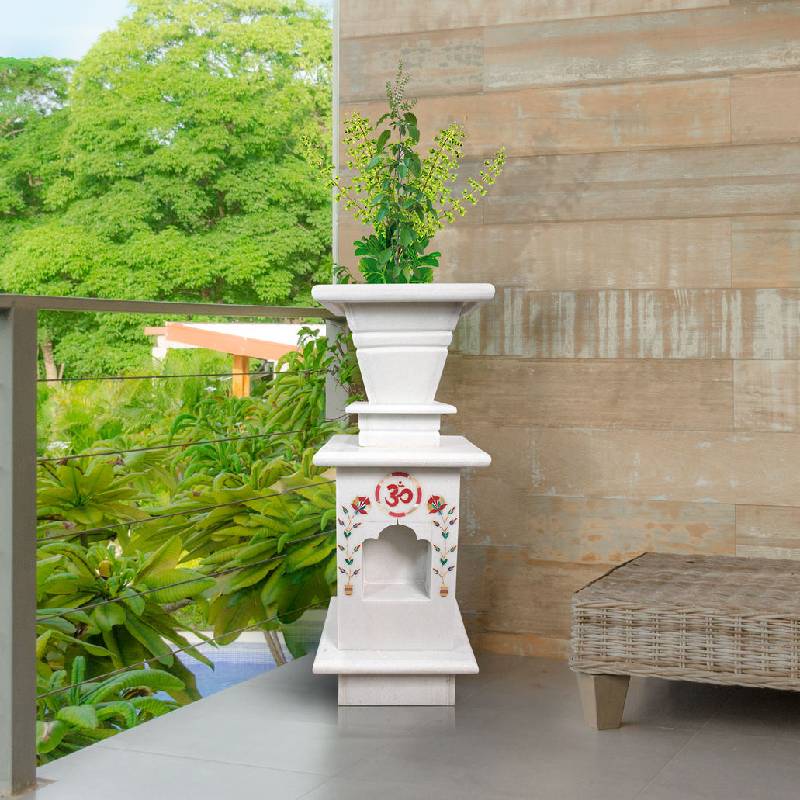 Traditional Inlay White Marble Tulsi Pot
