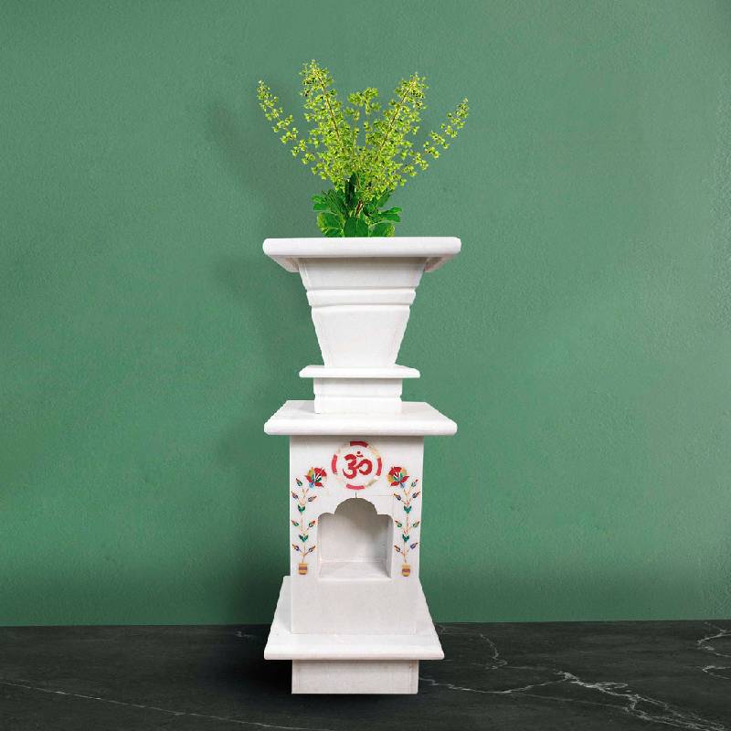 Traditional Inlay White Marble Tulsi Pot - Detail 2