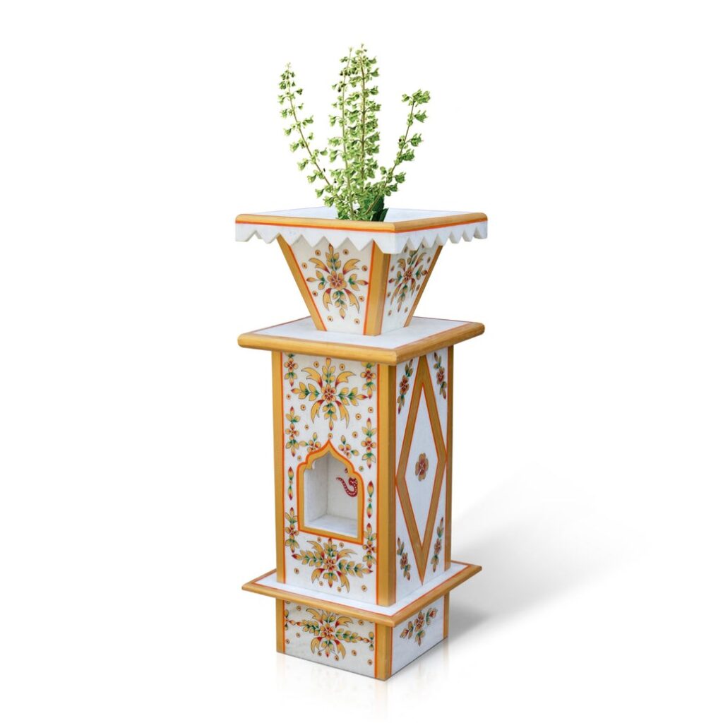 Traditional Hand-Painted Marble Tulsi Pot